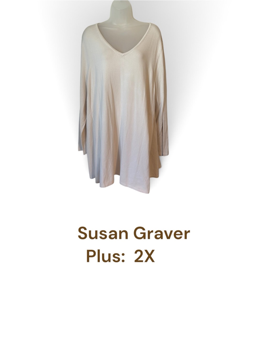 Susan Graver Cream V-Neck Long Sleeve Tunic Sweater FALL!!!   PLUS:  2X  #11
